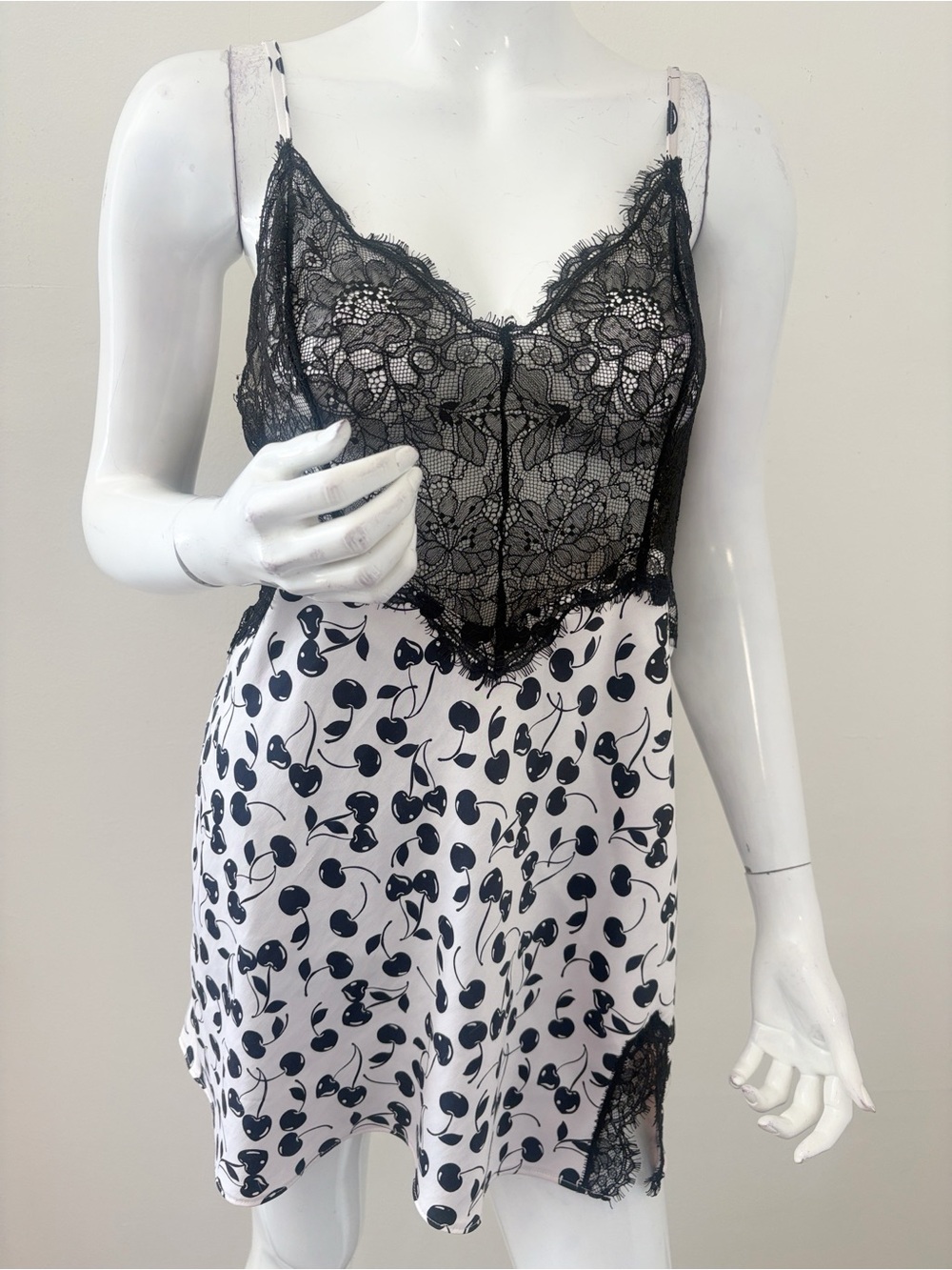 Victoria's Secret Black Lace & White Satin w Black Cherries Lingerie Slip Dress